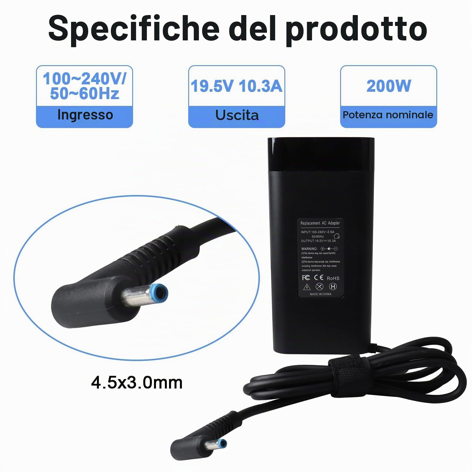 Caricabatterie per laptop MXJFYY 200W per HP Pavilion Gaming 15/1-7, Omen 15/1-7, Victus 1-5/16, Envy 15/2020 L00818-850, TPN-DA10, TPN-LA21, L73385-001, ADP-200HB B【4,5 * 3,0 mm】