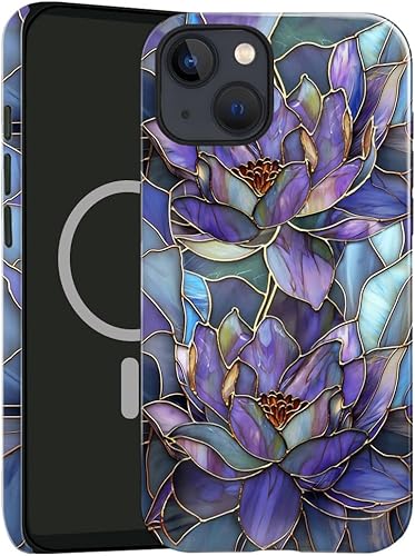 Funda compatible con iPhone 14, compatible con MagSafe, brillante prevención de caídas híbrida de 2 capas para niñas y niños, diseño floral de loto