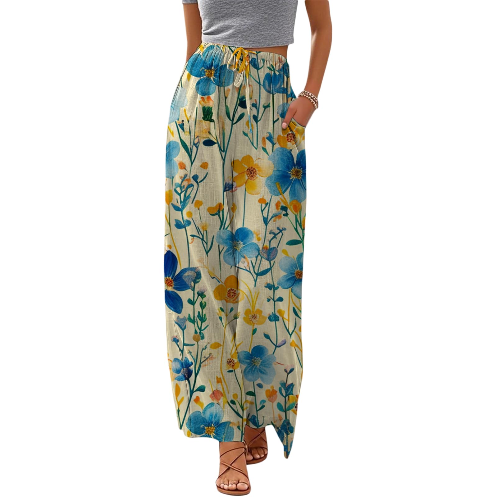 Womens Casual Wide Leg Pants for Women Boho Floral Linen Palazzo Pants Drawstring Elastic…