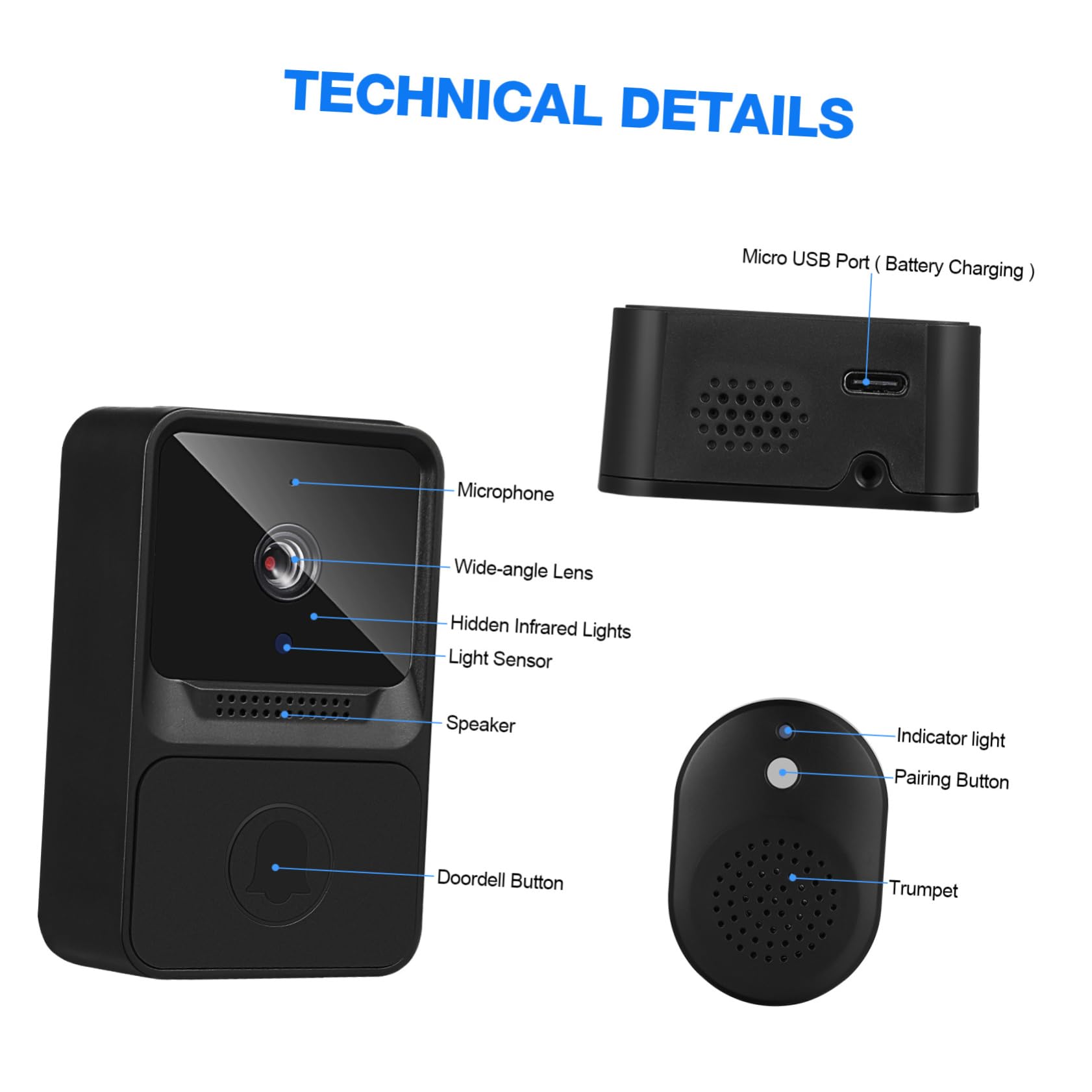 HOMSFOU 2piezas Timbre Inteligente Wifi Video Intercomunicador Bidireccional Instalación Sencilla Consumo Para Hogar Oficina y Apartamentos