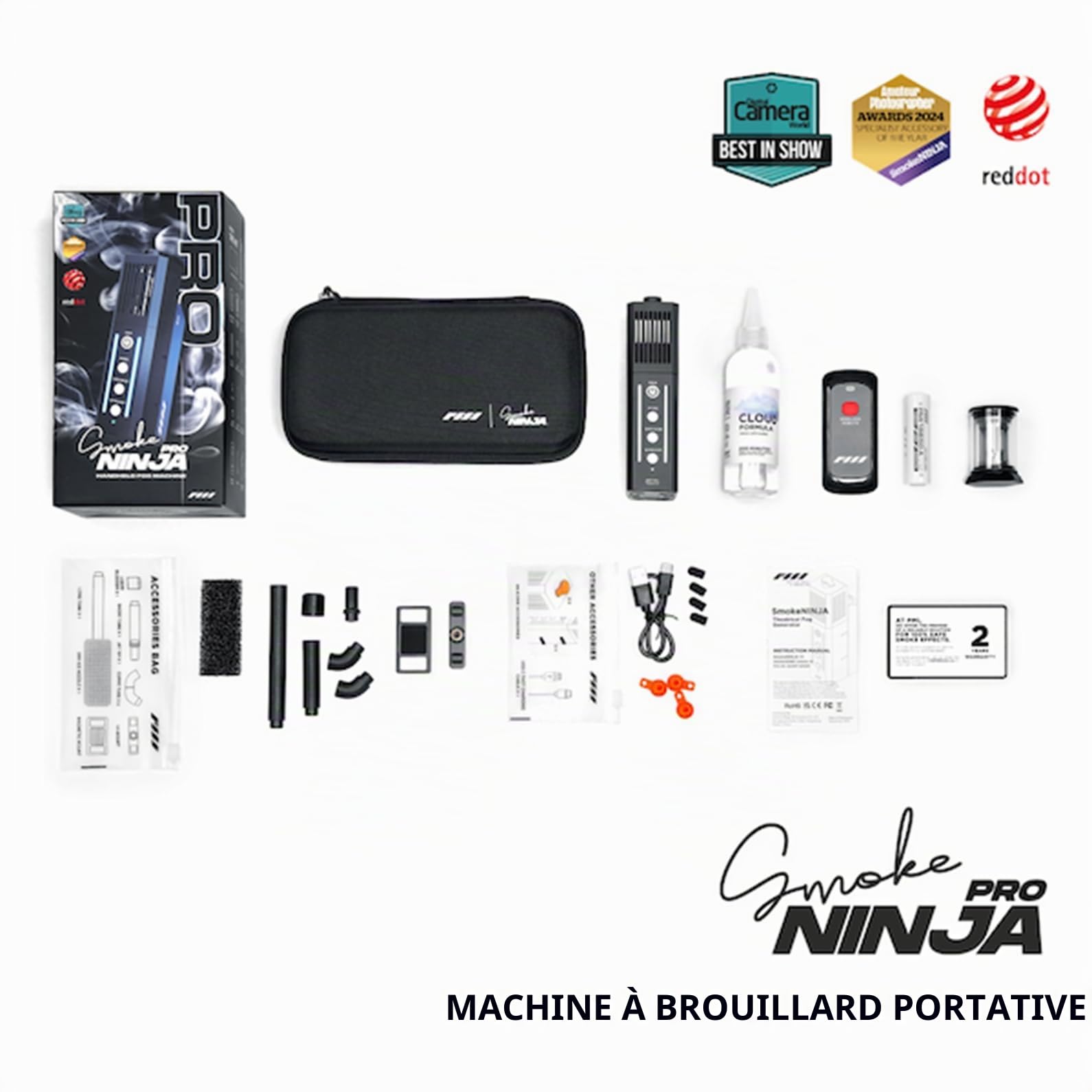 PMI SmokeNINJA PRO KIT Machine à brouillard portable avec temps d'éclatement prolongé, contrôle USB-C, effets de brouillard supérieur, vapeur et glace sèche pour utilisation en studio et événement