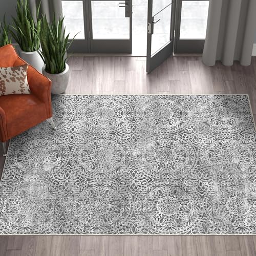 vivorug 8x10 Area Rugs for Living Room, Non-Slip Backing Washable Grey Rug 8x10, Large Area Rug Soft Carpet for Bedroom Dining Room, Vintage, Easy Clean, Durable, Low Pile Rug Under Table