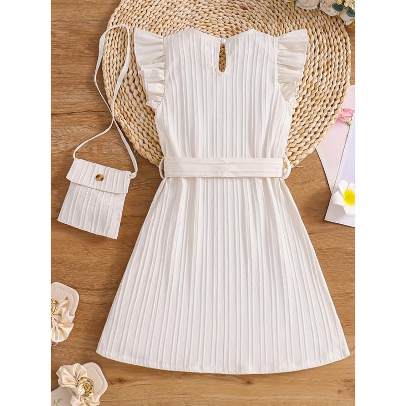 Image of Niren Enterprise Girls Fit And Flare Knee Length Striped Round Neck Sleeveless Dress with Waist Belt and String Purse