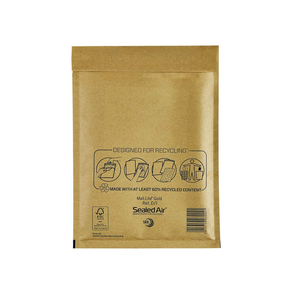 Mail Lite - D/1 - Bubble Lined Padded Envelopes 180 x 260mm - 7" x 10.5" Gold - 2 Boxes