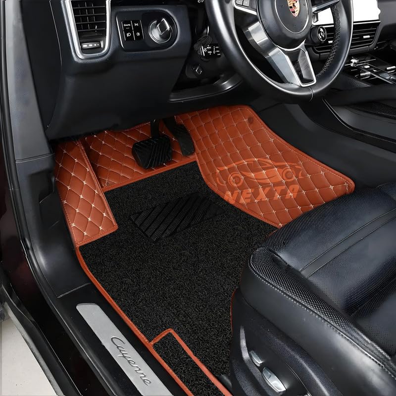 Image of NEXTA Premium Faux Leather 7D Car Floor Mats for Skoda Kylaq (All Variants)|| Luxury Leather with Grass Mat Complete Set || 100% Waterproof and Washable (Color Tan & Black)