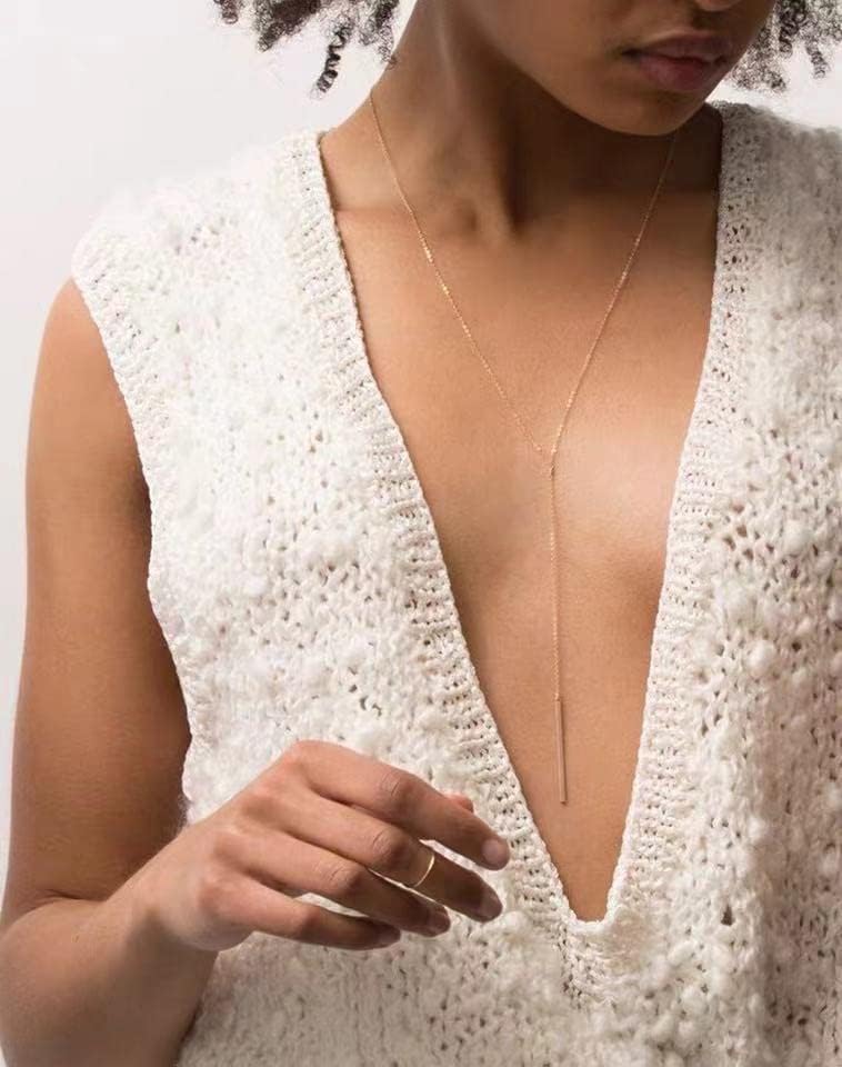 Miniatura 3 de S.J JEWELRY Collar en Y ajustable con circonita cúbica simple y delicada chapada en oro de 14 quilates, chapado en oro rosa, chapado en plata