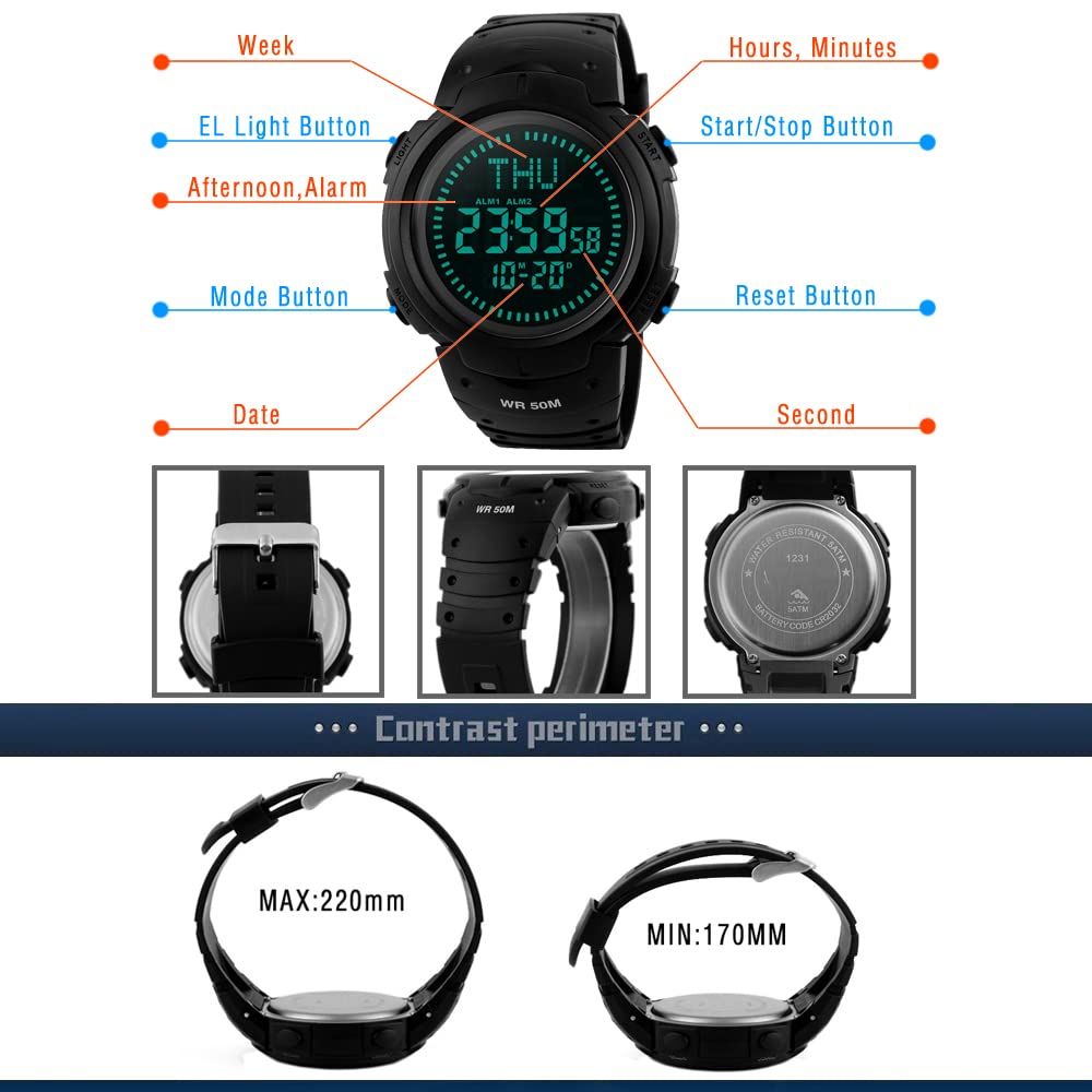Multifonctionnel Outdoor Militaires Digital Sport Boussole Montres Bracelet de Homme 50M Étanche LED Temps Double Noir Plastique Montre et Caoutchouc Ruban