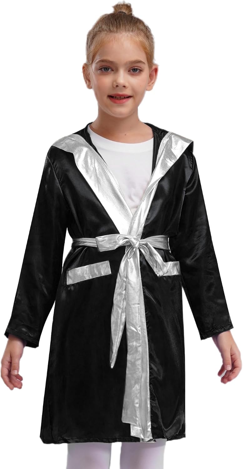 Mufeng Kids Boys Girls Boxing Robe Long Open Front Metallic Trim Satin Hooded Cloak Muay Thai Mma Hoodies