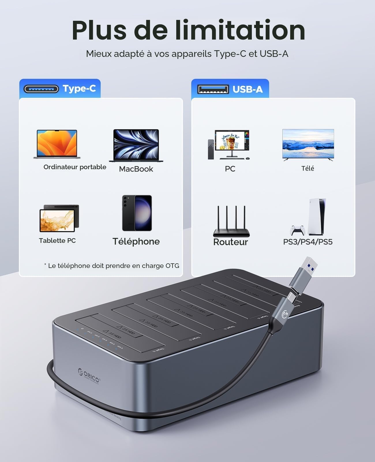 ORICO Aluminium Clone 5 Baies Dock pour Disque Dur, USB C Stations d'accueil pour Disque Dur pour SATA de 2,5/3,5" SSD/HDD jusqu'à 20 to, Clonage Hors Ligne Dock (6656C3-C)