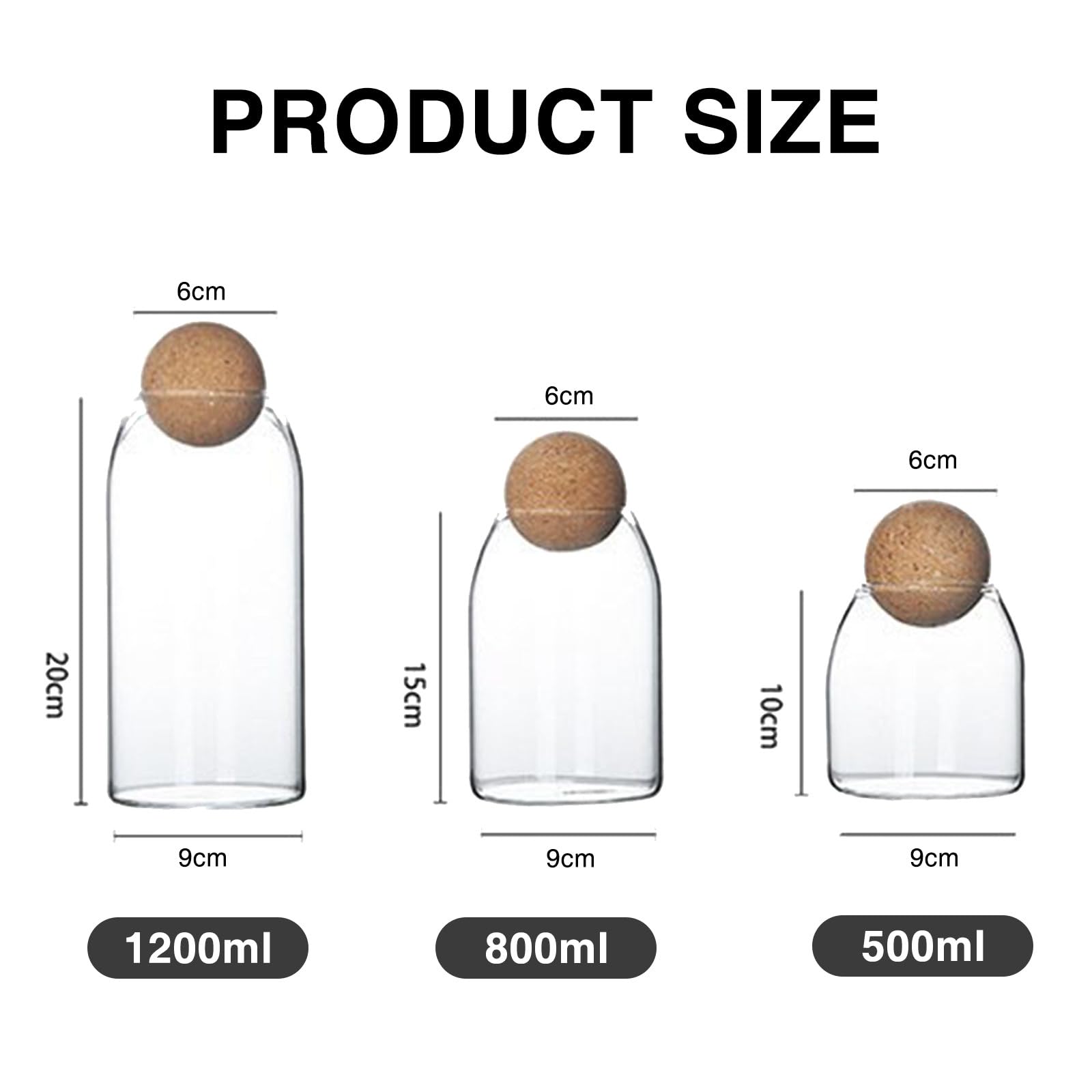 Botes Especias de Vidrio, Tarros Especias Hermetico con Sello de Corcho de Madera Redondo, Botes para Especias, Spice Jars para Servir Té, Café, Especias y Azúcar, 500 ml/800 ml/1200 ml