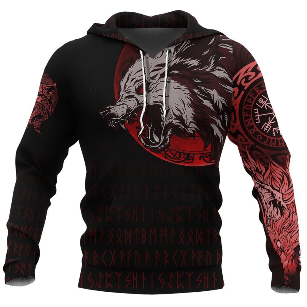 Viking Świąteczna Bluza Kapturem Raven Odin 3D Pełny Nadruk Jesienny Męski Sweter Unisex Bluza Dzień (Rozmiar Amerykański),Viking wolf hoodies,M
