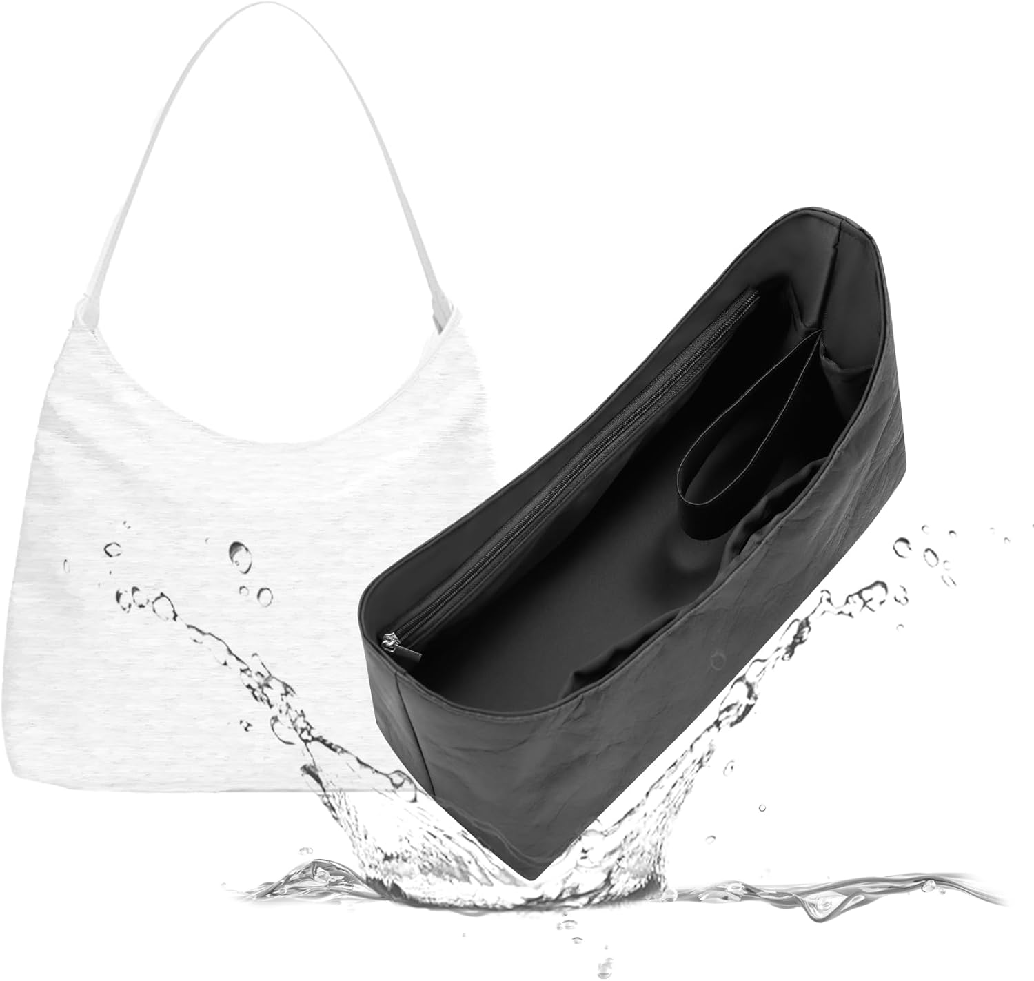 Lightweight Bag Insert, Waterproof Surface and Silky Satin Interior, Fits Geyard Bohème Hobo (Black, With Zipper and Bottle Holder)