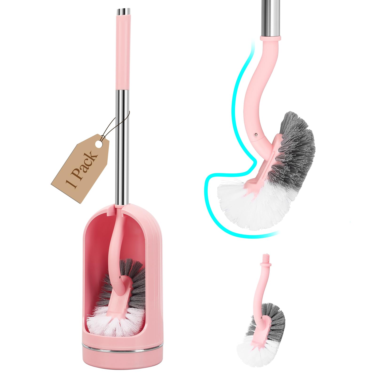 Toilet Brush, Toilet Brushes with Holders, Curved Toilet Brush with Edge Cleaner, Stainless Steel & Plastic Handle, Bathroom Cleaning Brush, Loo Brush Replacement (1, Pink)