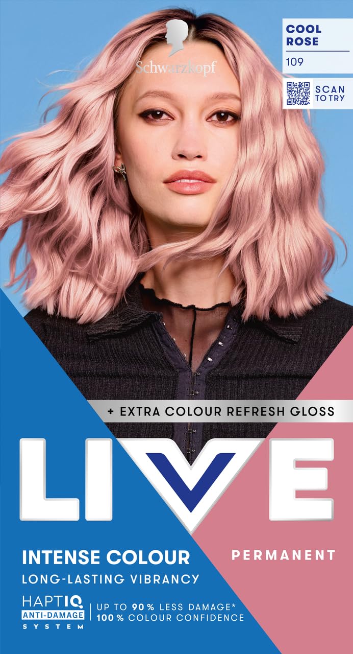 Schwarzkopf LIVE Intense Colour 109 Cool Rose, Long-lasting Permanent Pink Hair Dye, With Extra Colour Refresh Gloss