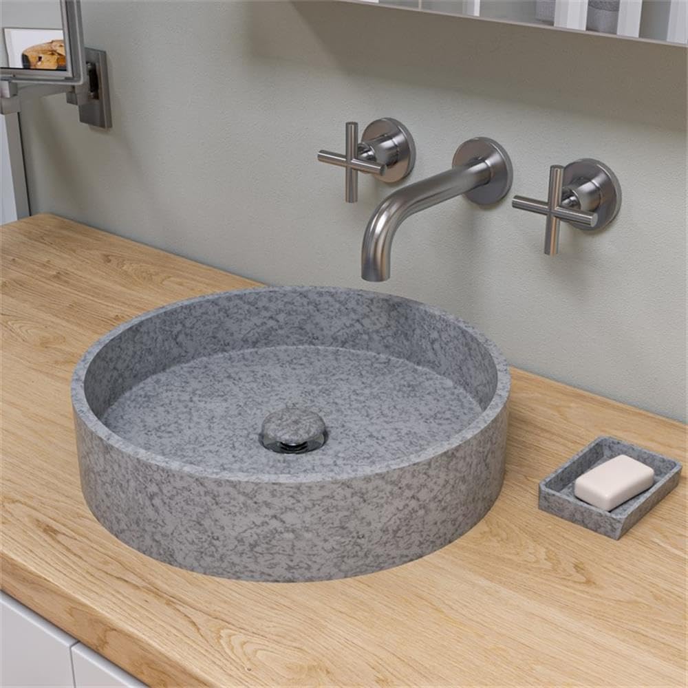 Pemberly Row 17" Round Solid Concrete Bathroom Sink, Matte Gray Finish, Above Mount Vessel Design, Durable Compact Modern Sink for Countertop Installation