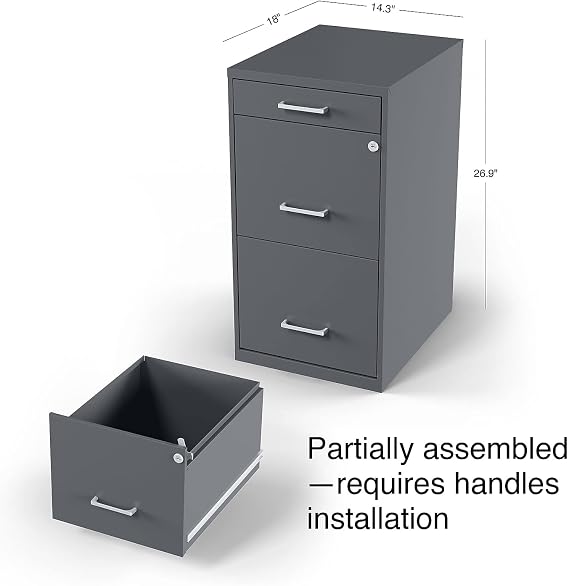 Staples 3-Drawer Vertical File Cabinet, Letter Size Documents, Lockable & Mobile, 18.9 D x 14.3 W x 26.8 H, Charcoal