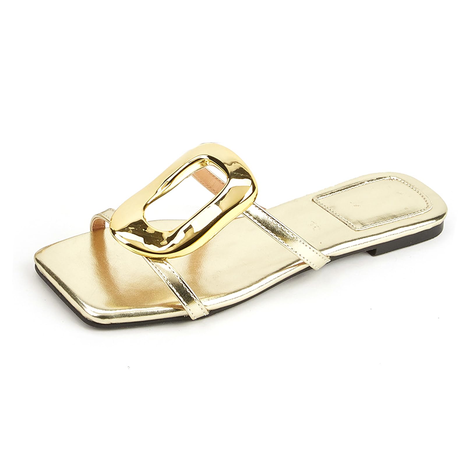 SIYAKE Womens Metal Decoration Flat Slide Sandals Fashion Comfortable Open Square Toe Slip On Mule Sandals Summer Outdoors Beach Walking Slippers