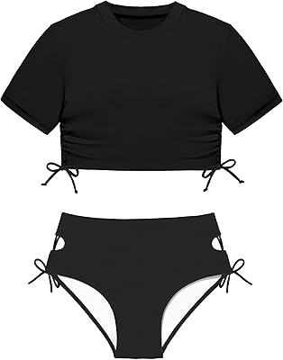 CRISONE Girls Swimsuits Short Sleeve Bathing Suit Solid 2 Piece Drawstring Swimwear