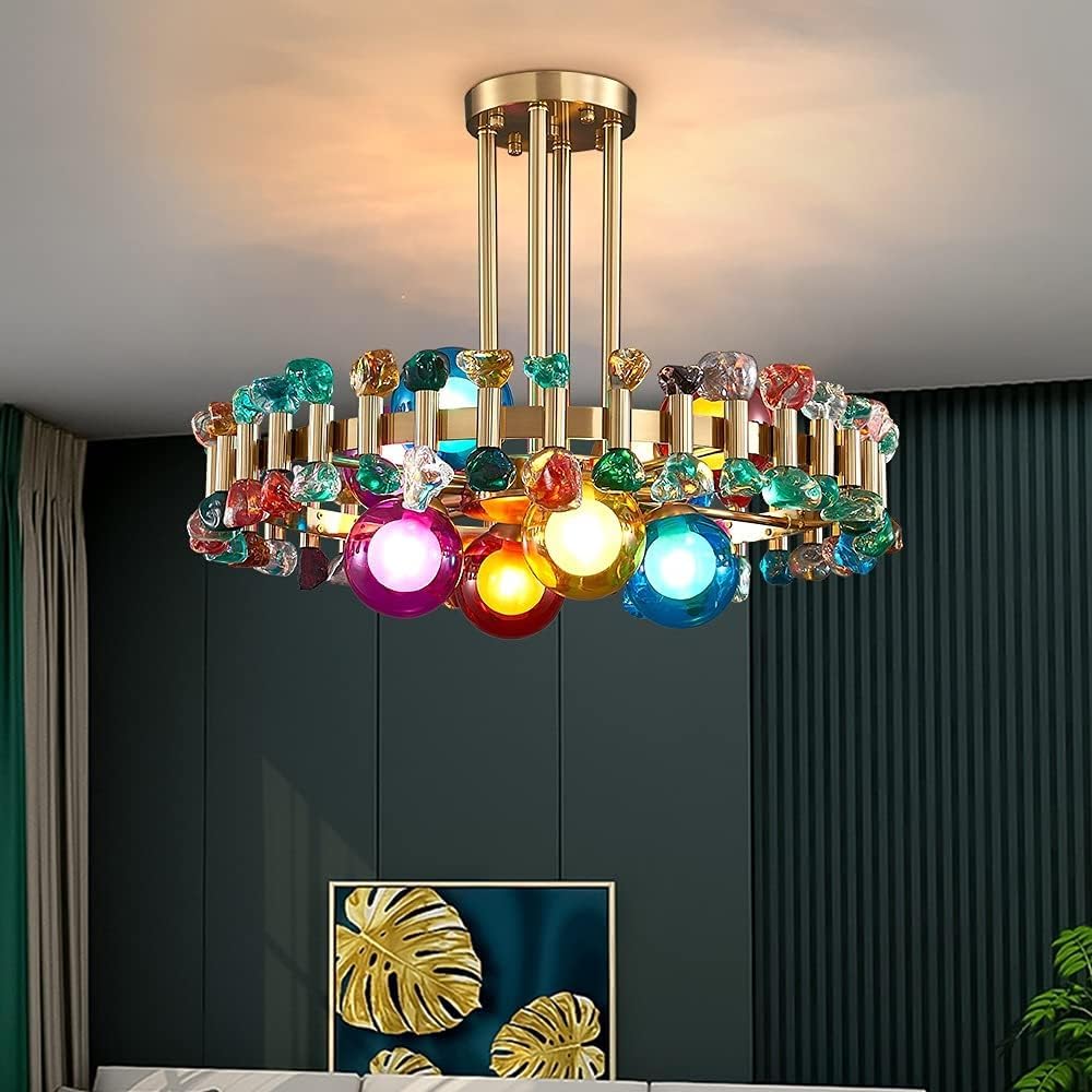 Arrived Crystals Modern Chandelier Compatible with Living Room Home Decoration Gold Round Kitchen Fixture Colorful Stone Hanging Lamp