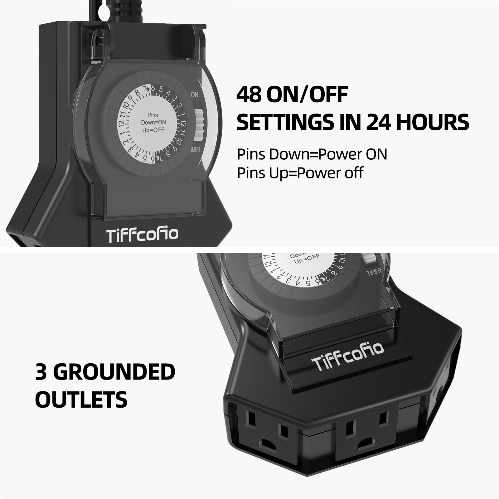 TiFFCOFiO Temporizadores de luz para exteriores impermeables, temporizador mecánico de 24 horas para exteriores, 3 tomas de tierra para el hogar y el jardín, 15 A 1/2 HP, resistente, con certificación