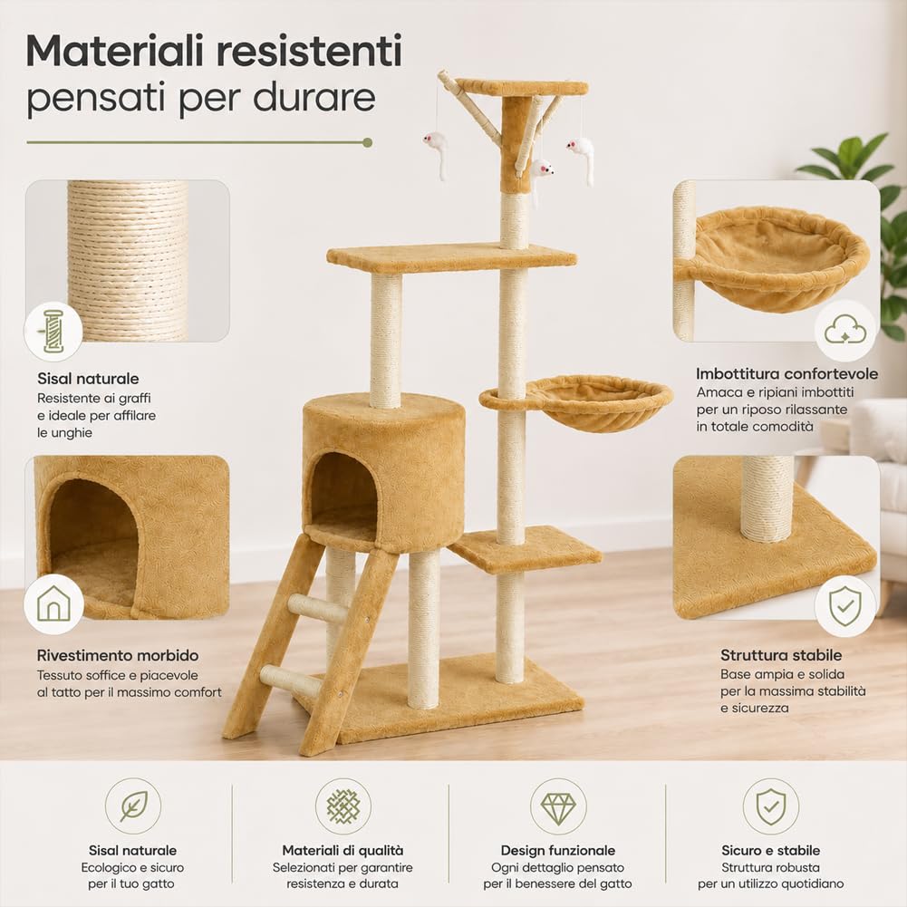 BAKAJI Rascador para Gatos, árbol de sisal, Parque de Juegos, para Gatos, rascador de Columna, Altura 144 cm (Beige)