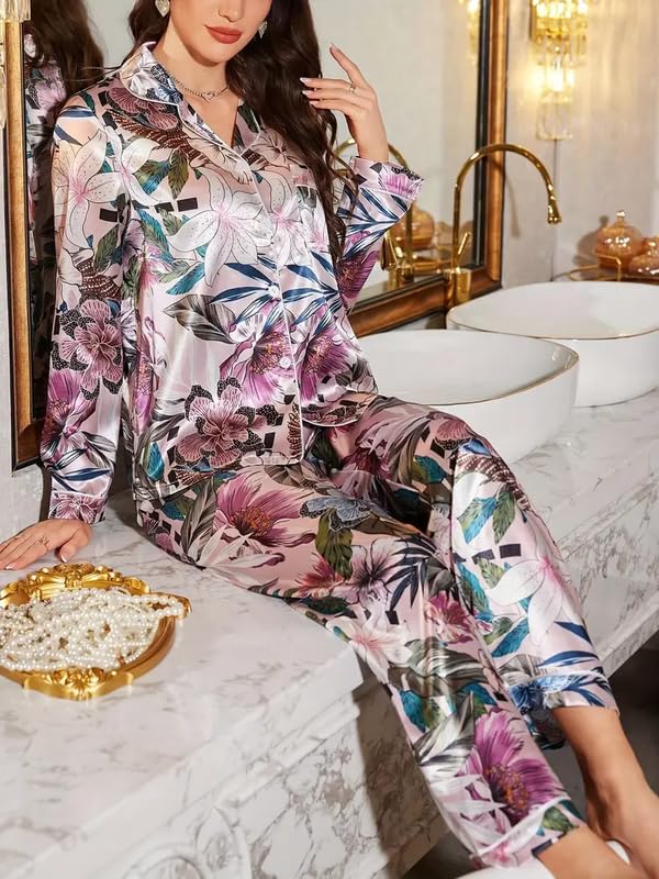 Image of PABROS Night Suit for Women with Full Sleeve Button-Down Top with Pant Dress for Woman, Night Dress for Woman, Cotton Two-Piece Loungewear Set