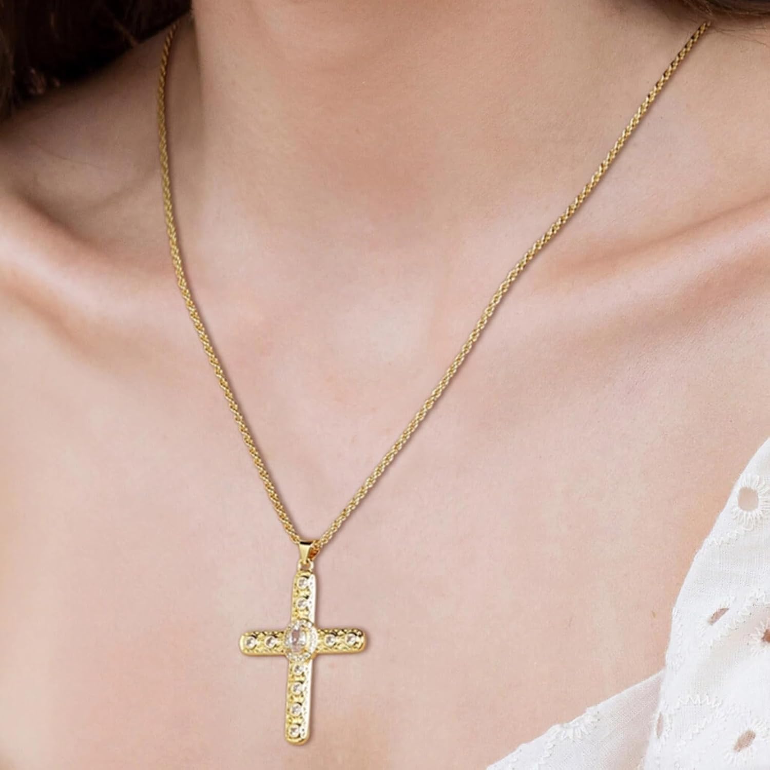 HZMAN Gold Cross Necklace for Women 18K Gold Plated Necklace Dainty Retro Cubic Zirconia Cross Necklace Pendant Jewelry Gift - Image 2