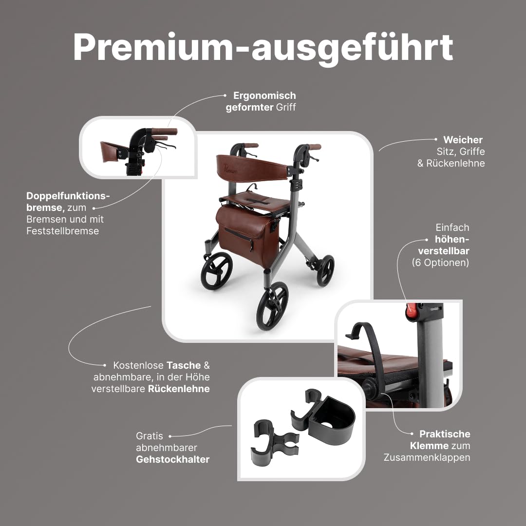 Vesta Rollator - Leicht (6,3kg), faltbar - Mit integriertem Bremssystem, gepolsterter Sitz- und Rückenlehne, Tasche, Stockhalter - Ideal für Alltag - Gehhilfe für Senioren - Silber
