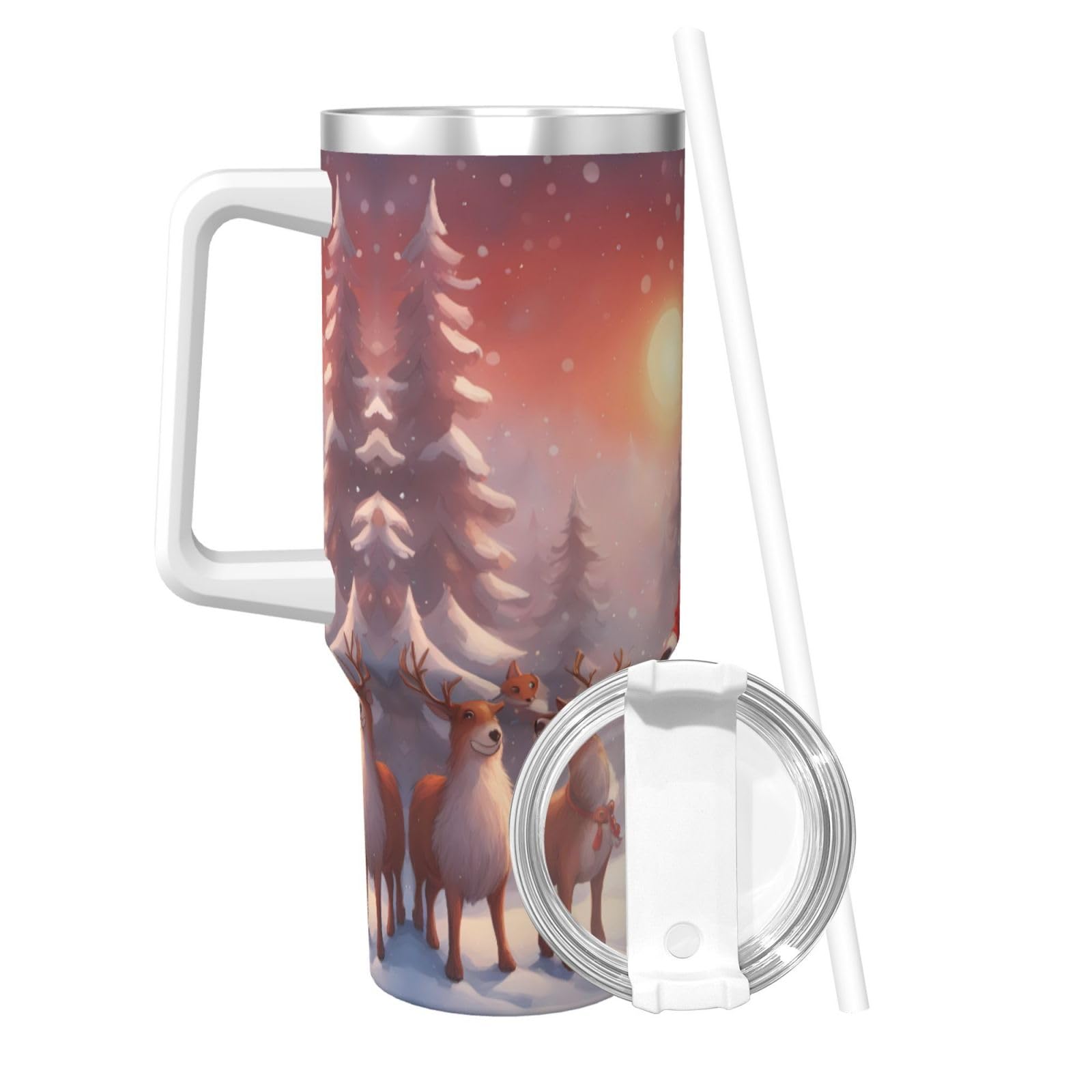 Taza instantánea de doble pared con estampado de Papá Noel de invierno de 40 onzas con tapa de asa y pajita, adecuada para batidos de agua, batidos