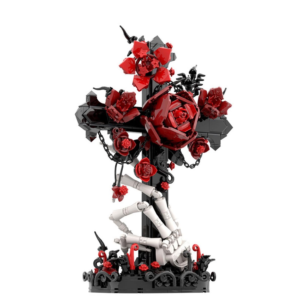 NUOJIAYING Red Rose & Skeleton Cross Building Blocks Kit, 636 PCS Skeleton Cross Building Kit, Flower Bouquet Building Kit for Adults, Dark Gothic Botanical Collection Model Toys