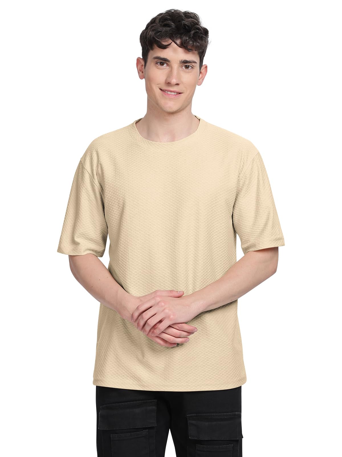 BULLMER Trendy Textured Half Sleeve Oversized Hexagon Waffle Crew Neck Tshirt for Men