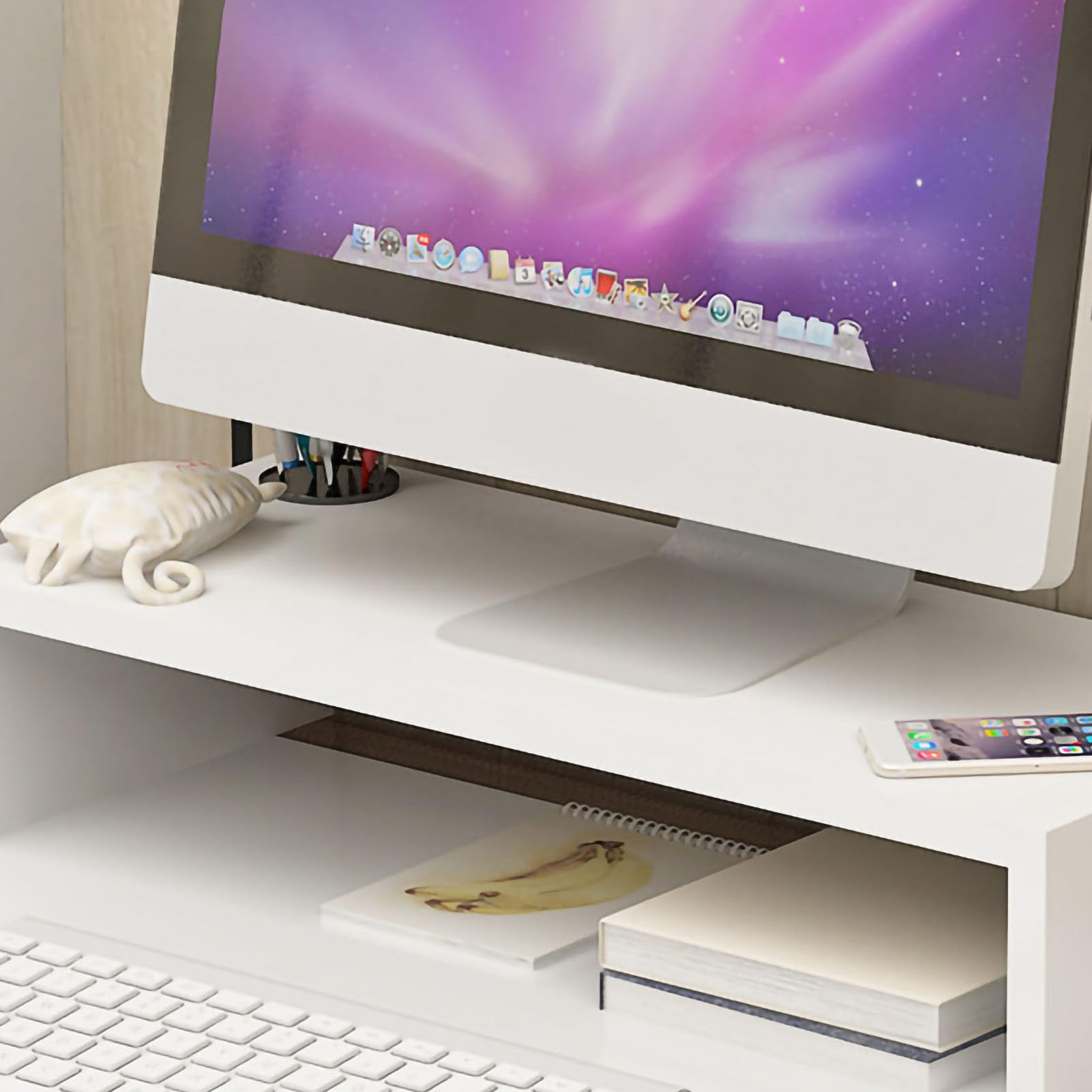 YUYTE Supporto Ergonomico con Spazio Aggiuntivo per la Scrivania, Elegante Base Rialzata Bianca Calda Migliore Postura e Organizzazione (Bianco caldo)