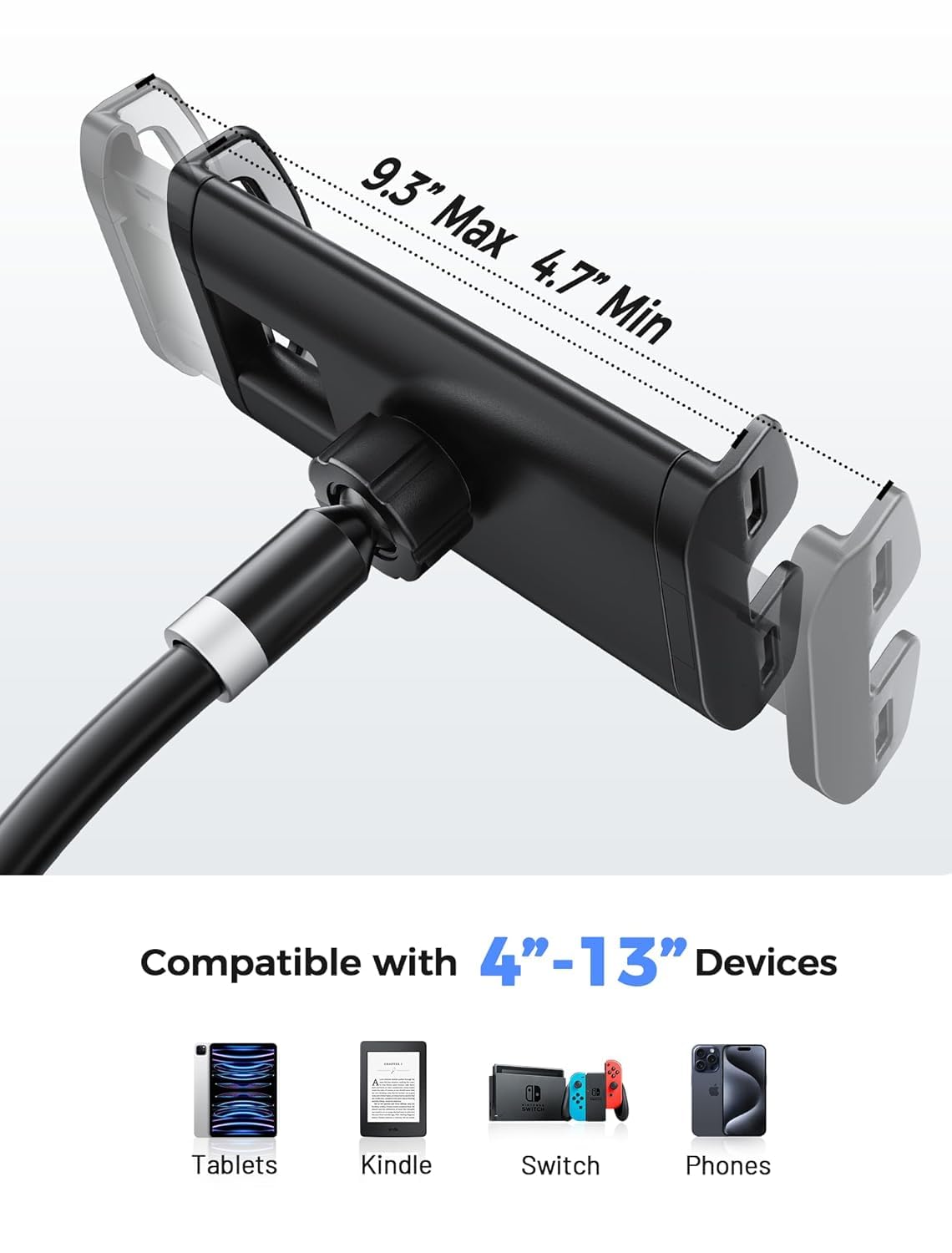 Santiaoniu Gooseneck Tablet Holder, Tablet Stand : Flexible Arm Clip Tablet Mount Compatible with iPad mini Pro Air, Kindle, Switch, Galaxy Tabs, More 4.7-11