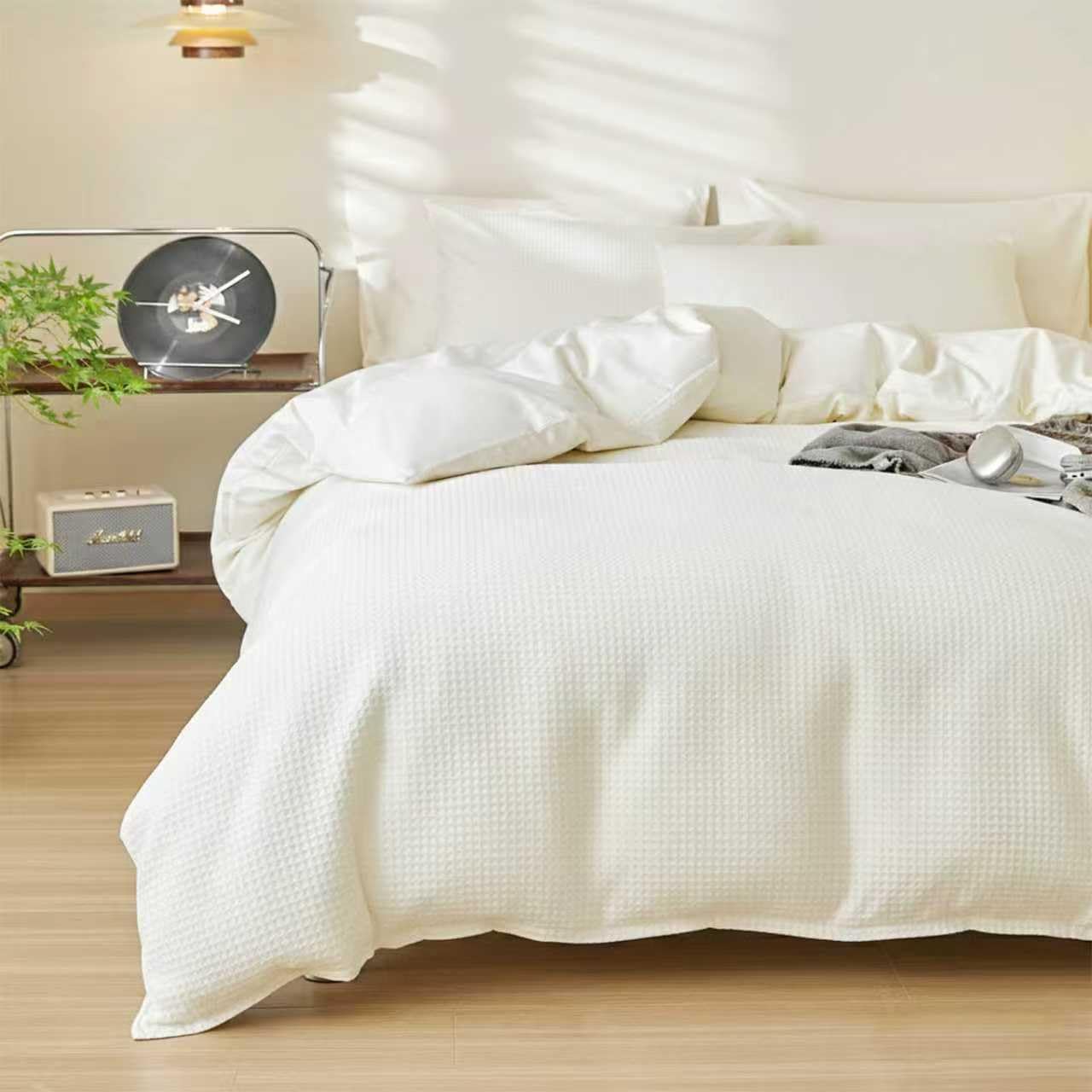Cotton Duvet Cover Queen,100% Cotton Waffle Weave White Duvet Covers Queen Size,Luxury Textured & Breathable 3pcs with 2 Pillow Shams for All Season 90x90 Inches
