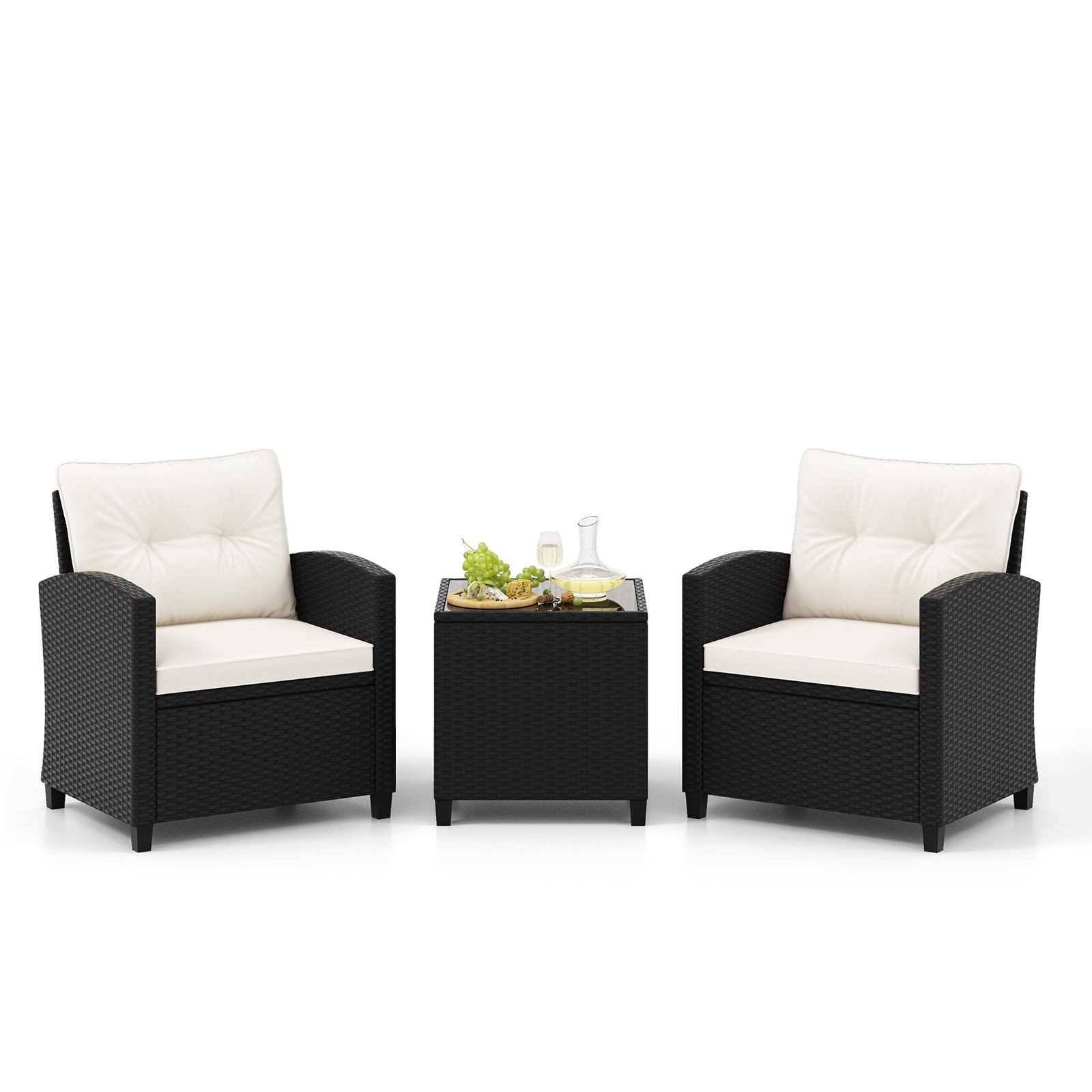 COSTWAY Conjunto Jardin Exterior de 3 Piezas de Ratán, 2 Sillones con Cojines de Asiento y Respaldo, Mesa de Café con Vidrio Templado, Mesa y Sillas Terraza Jardin Balcon Exterior(Negro+Blanco)