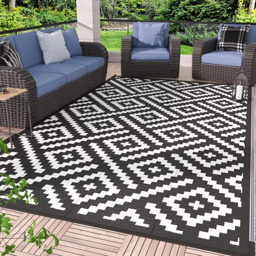 Image of GENIMO Outdoor Rug, Waterproof Plastic Rugs for Patio, 5'x8' Black White