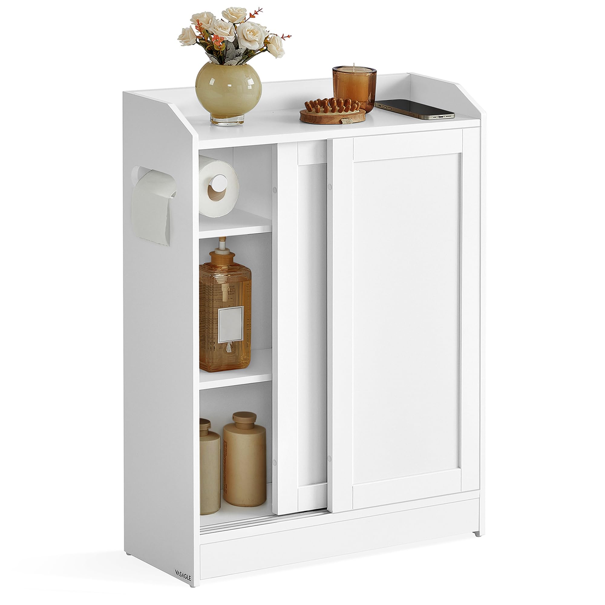 VASAGLE Mobile Bagno, Mobiletto Bagno Salvaspazio, Porta Carta Igienica e Scomparto per Scopino, Ante Scorrevoli, Ripiani Regolabili, accanto al WC, 20 x 60 x 80 cm, Bianco Nuvola BBC752W01