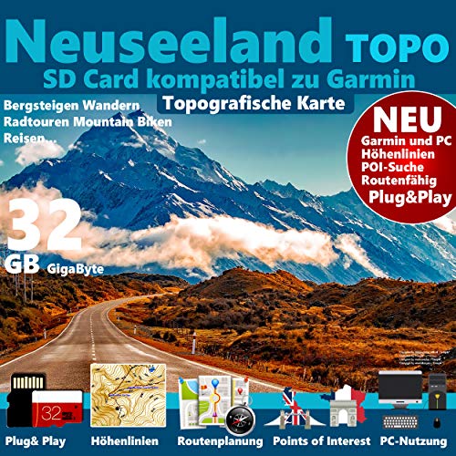Neuseeland Karte Garmin Karte Outdoor Topo microSD. Topografische GPS Freizeitkarte für Fahrrad Wandern Touren Trekking Geocaching & Outdoor. für