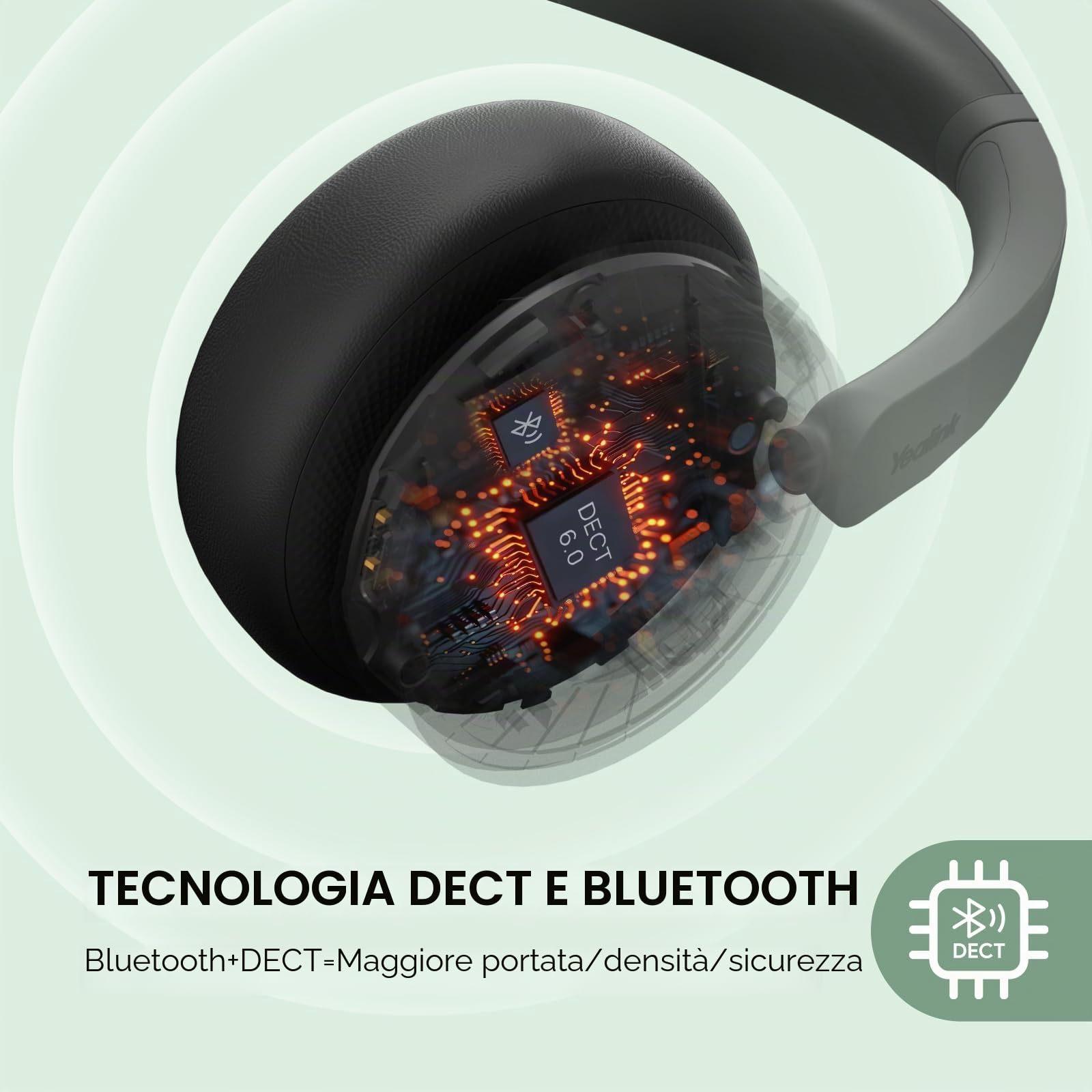 Yealink WH64 - Cuffie wireless ibride DECT e Bluetooth, portata 150 m, con dongle DECT, microfono 3x, tempo di conversazione 26h, cuffie singole per PC, cellulare, laptop