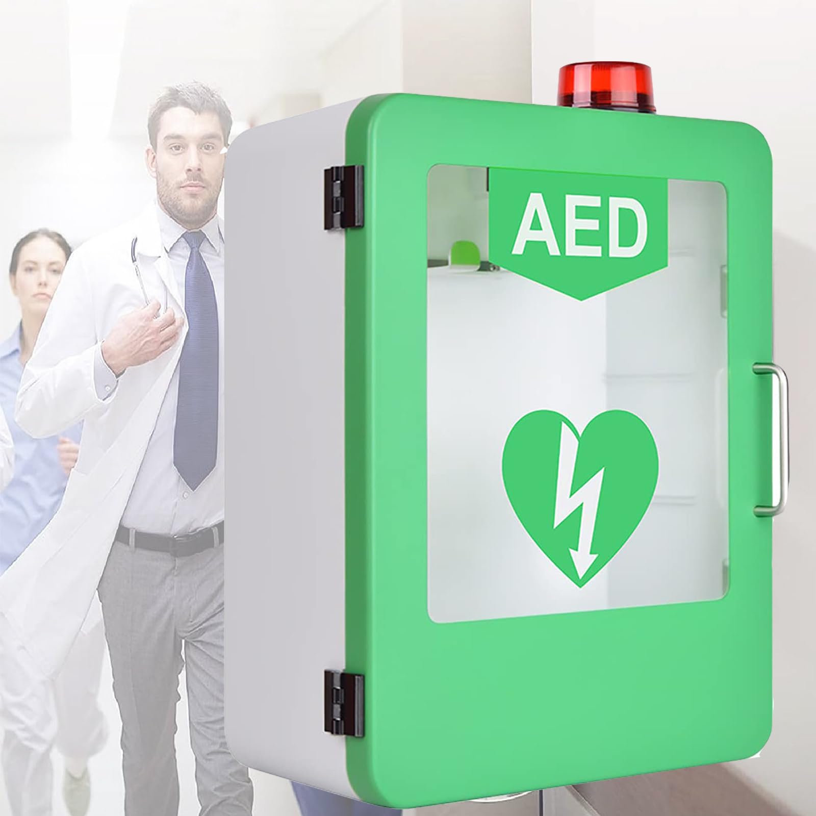 AED-Aufbewahrungsschrank, Außenbox für Herz-Defibrillator, automatische externe Defibrillator-Alarmbox, mit verstellbarer Trennwand, für Büro, Krankenhaus und öffentliche Orte,Green