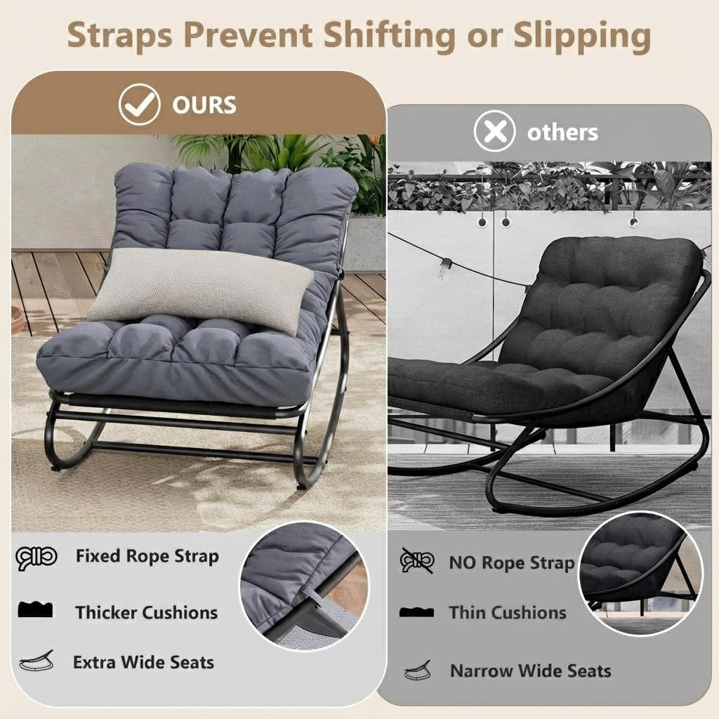 Outdoor Papasan Rocking Chair, Oversized Metal Frame Egg Rocker with Thick Waterproof Cushion, 450 lbs, Comfy Lounge for Patio, Porch, Garden, Living Room, Dark Gray