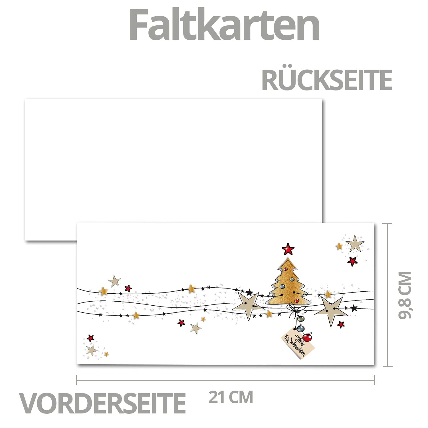 100x Weihnachtskarten-Set DIN Lang in Weiß mit Weihnachtsbaum und Sternen - Faltkarten mit Umschlägen DIN Lang Dunkelrot mit Haftklebung - Weihnachtsgrüße für Firmen und Privat