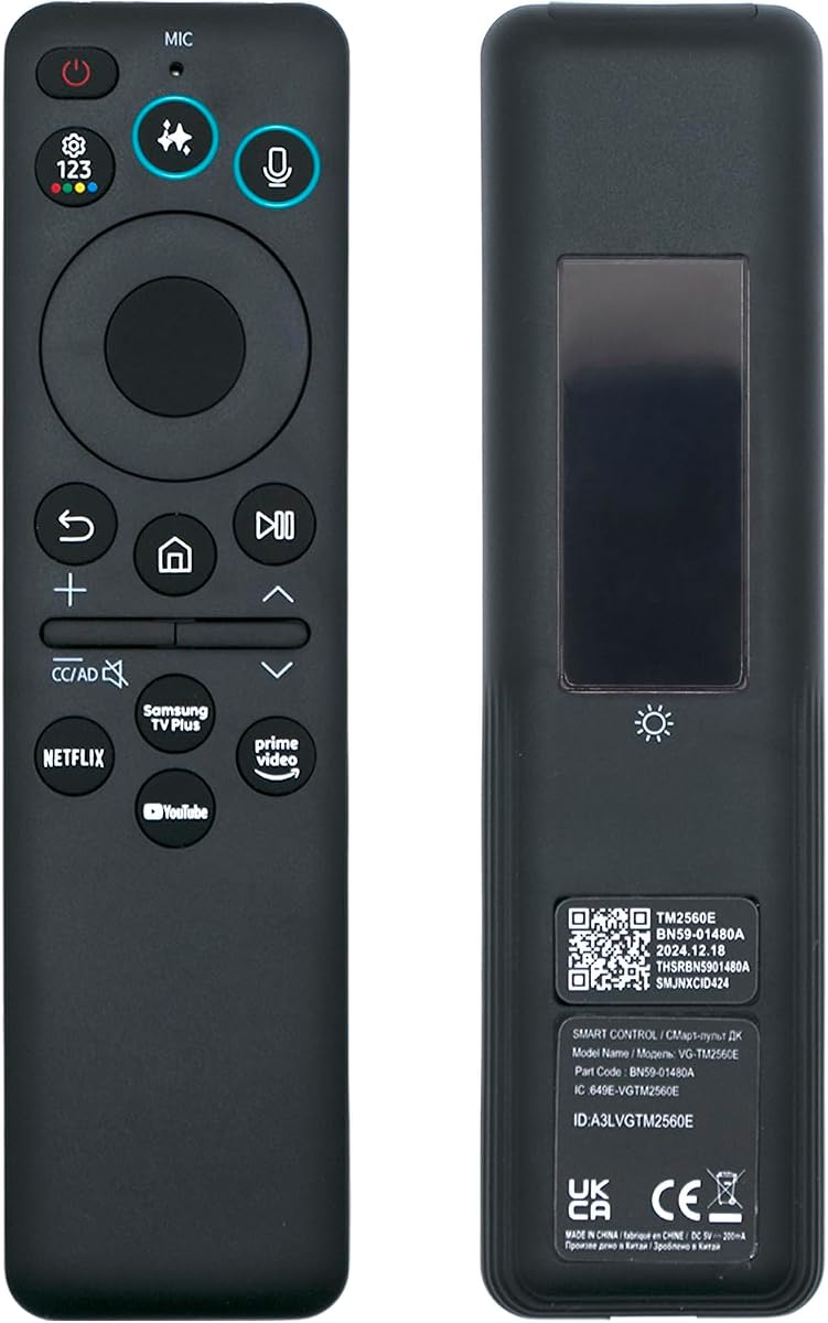 New BN59-01480A TM2360E TM2560E Solar Smart AI Voice Remote with Rechargeable Solar Cell, App Shortcuts & USB-C Charging, Compatible with Samsung 2023-2025 Neo QLED 8K Smart TVs, HDR Ultra HD - Black