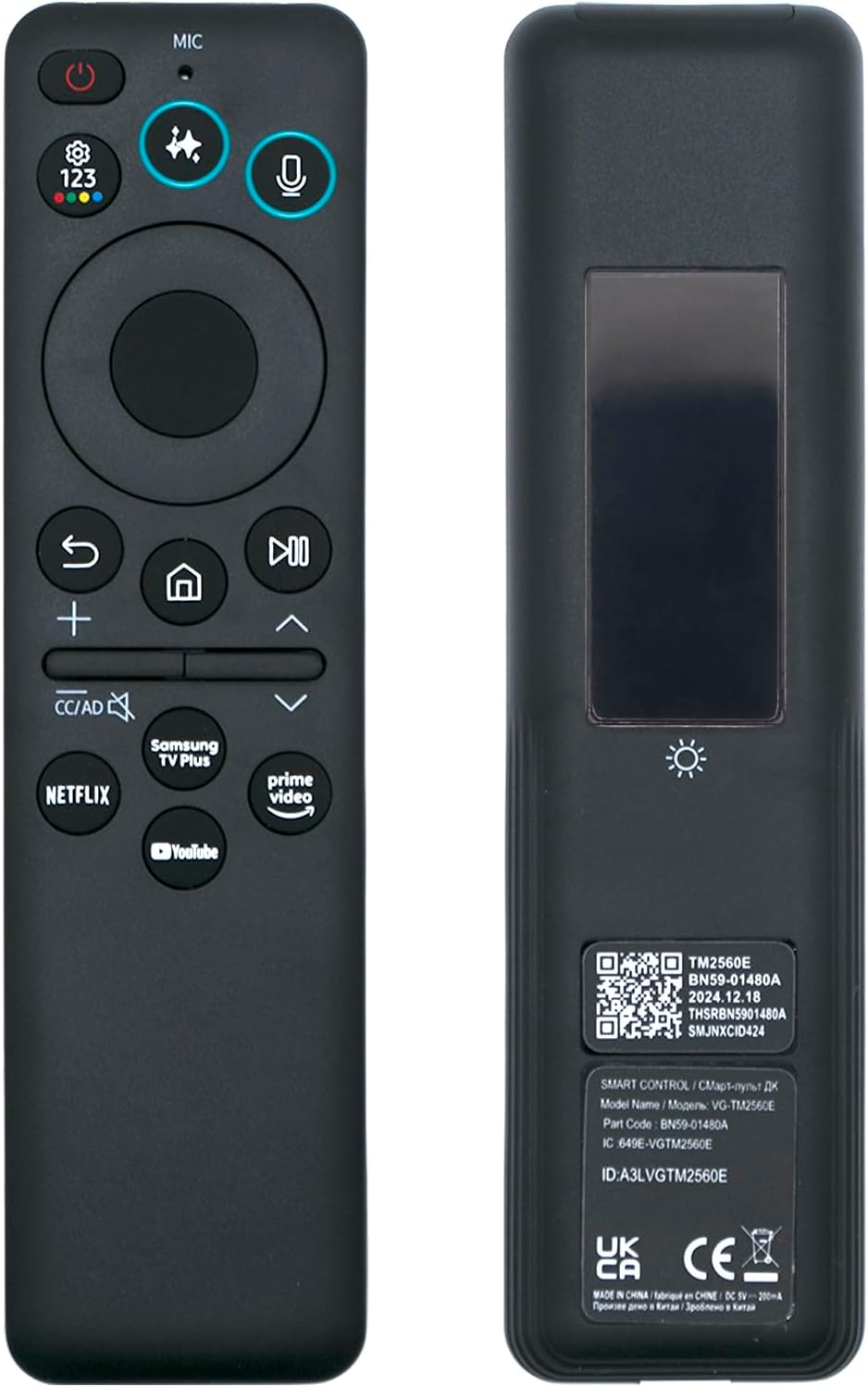New BN59-01480A TM2360E TM2560E Solar Smart AI Voice Remote with Rechargeable Solar Cell, App Shortcuts & USB-C Charging, Compatible with Samsung 2023-2025 Neo QLED 8K Smart TVs, HDR Ultra HD - Black