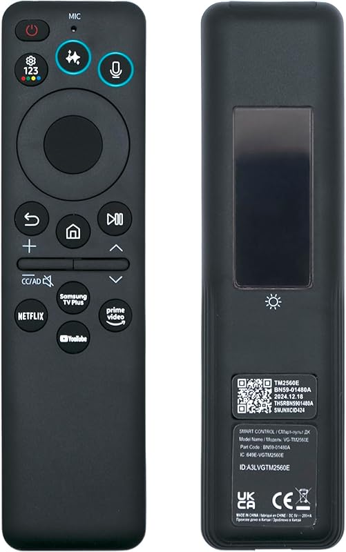 New BN59-01480A TM2360E TM2560E Solar Smart AI Voice Remote with Rechargeable Solar Cell, App Shortcuts & USB-C Charging, Compatible with Samsung 2023-2025 Neo QLED 8K Smart TVs, HDR Ultra HD - Black