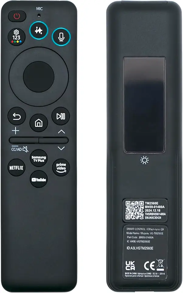 Novo controle remoto BN59-01480A TM2360E Solar Smart AI, controle remoto Bluetooth recarregável USB-C com carregamento solar, compatível com Smart TVs Samsung 2023-2025 Neo QLED 8K, HDR Ultra HD