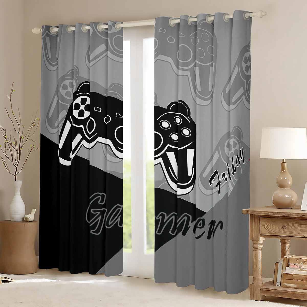 Gamer Curtains for Bedroom Gaming Thermal Insulated Drapes for Teens Boys Video Game Decor Curtain Game Controller Window Treatment Black Grey W46*L72 - Image 2