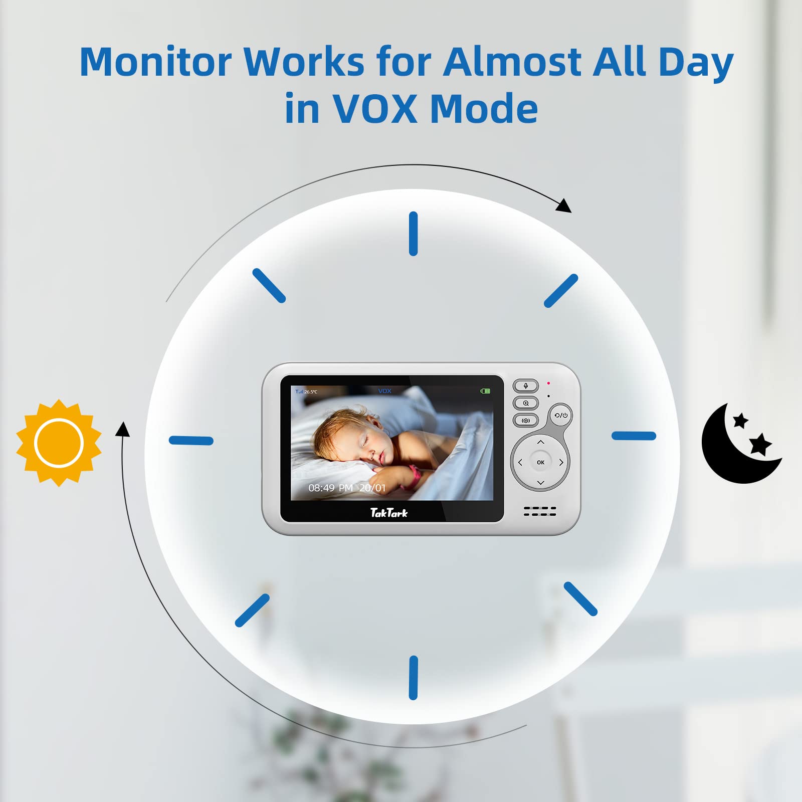TakTark Camara Vigilancia Bebe, 4.3'' Vigilabebes con Camara Rotación de 300°, Inalámbrico Bebe Monitor con Visión Nocturna, VOX, Comunicación Bidireccional, Sensor de Temperatura, Sólo movimiento