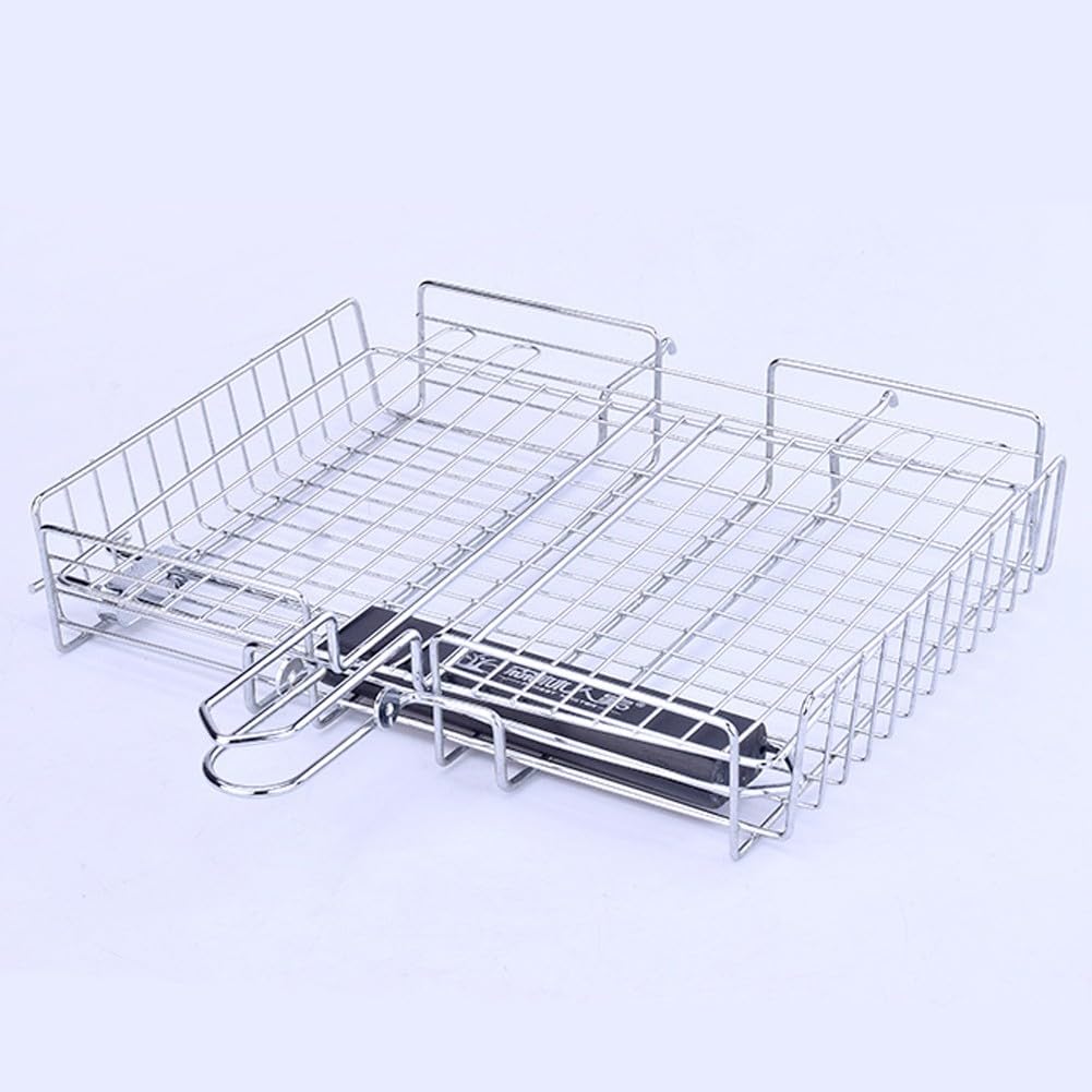 Cestino pieghevole in acciaio inox per barbecue con manico rimovibile, rete portatile per barbecue per campeggio e cucina all'aperto, 64,5 x 31 x 5 cm