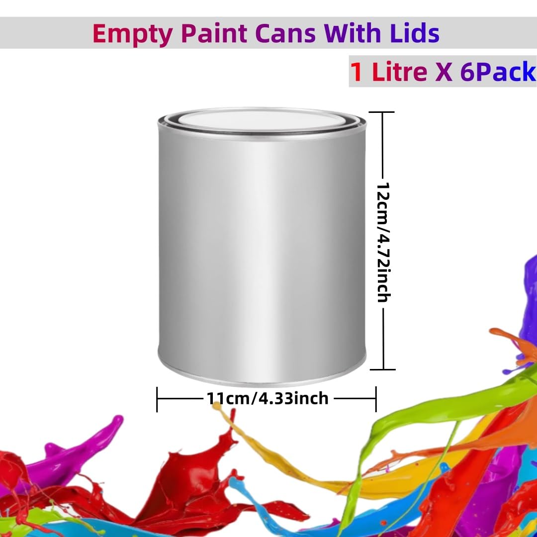 MEETOZ 6 latas de pintura vacías de 1 litro con tapas, latas de pintura vacías sin forro con tapas, para artes y manualidades, proyectos de bricolaje, pintura, artes y manualidades
